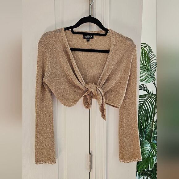 Topshop Shimmer Knit Gold Tie-Front Cardigan - Picture 1 of 5